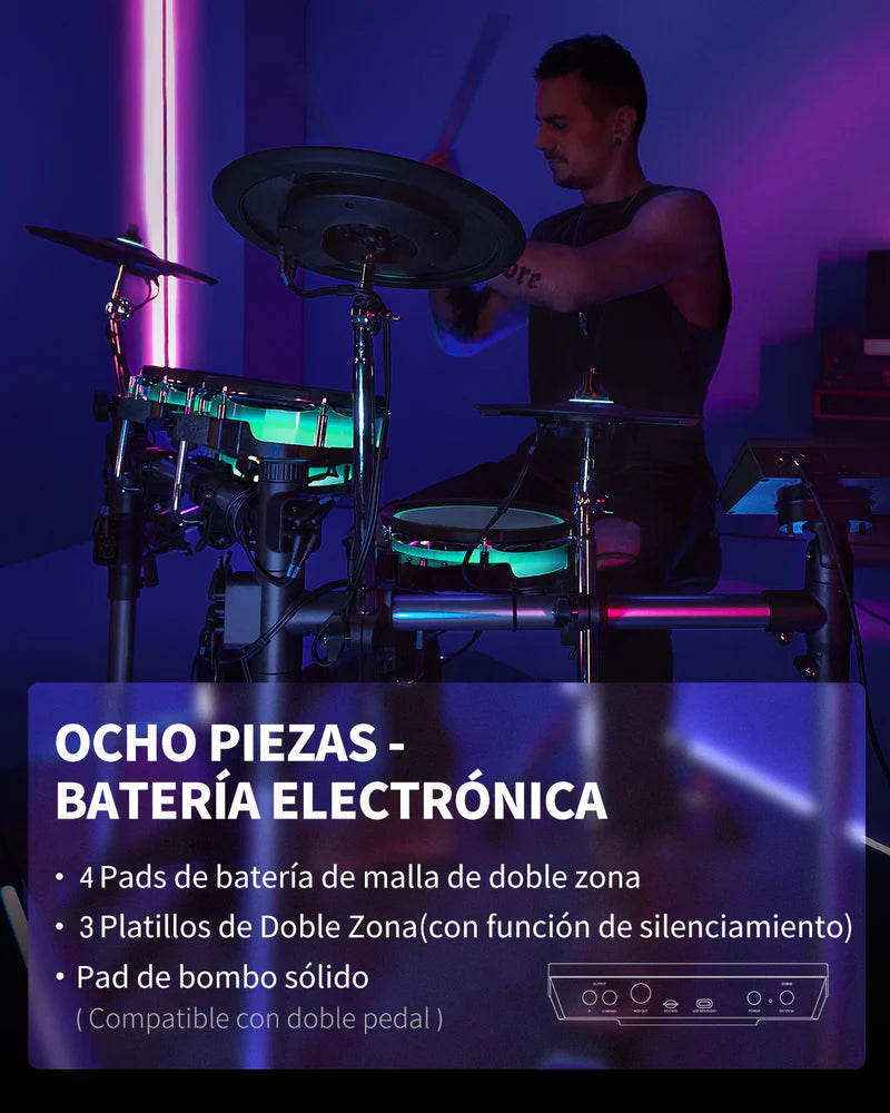 Donner BACKBEAT Batería Electrónica luces LED Personalizables y Bluetooth